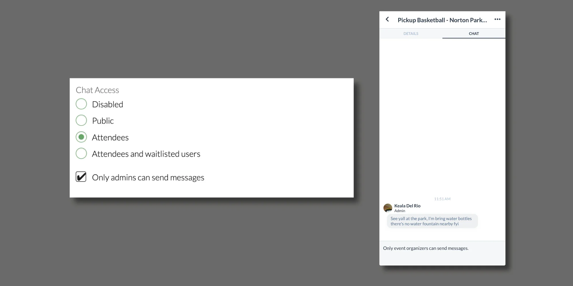 Chat access settings with admin-only messaging enabled and an event chat announcement