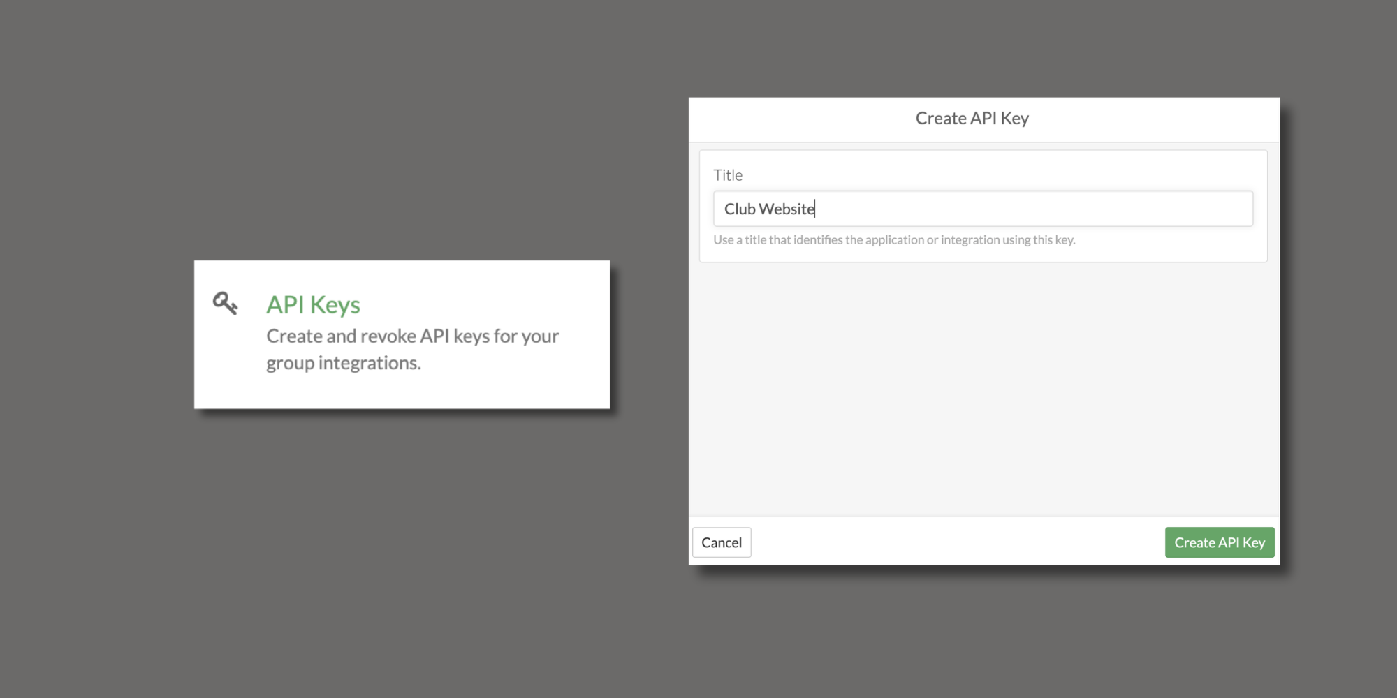 API Keys settings and Create API Key dialog